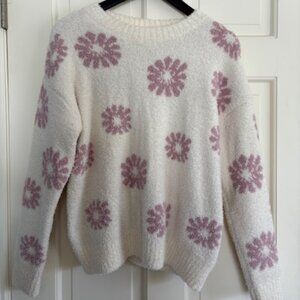 Altar’d State Fuzzy Sweater Cream with Pink Daisy Print